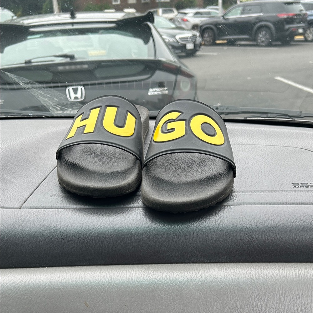 HUGO Black Slides with Yellow Logo